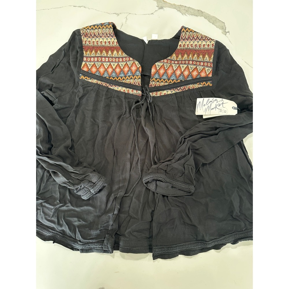 Melrose and Market Black Embroidered Boho Peasant Top Long Sleeve Womens Large